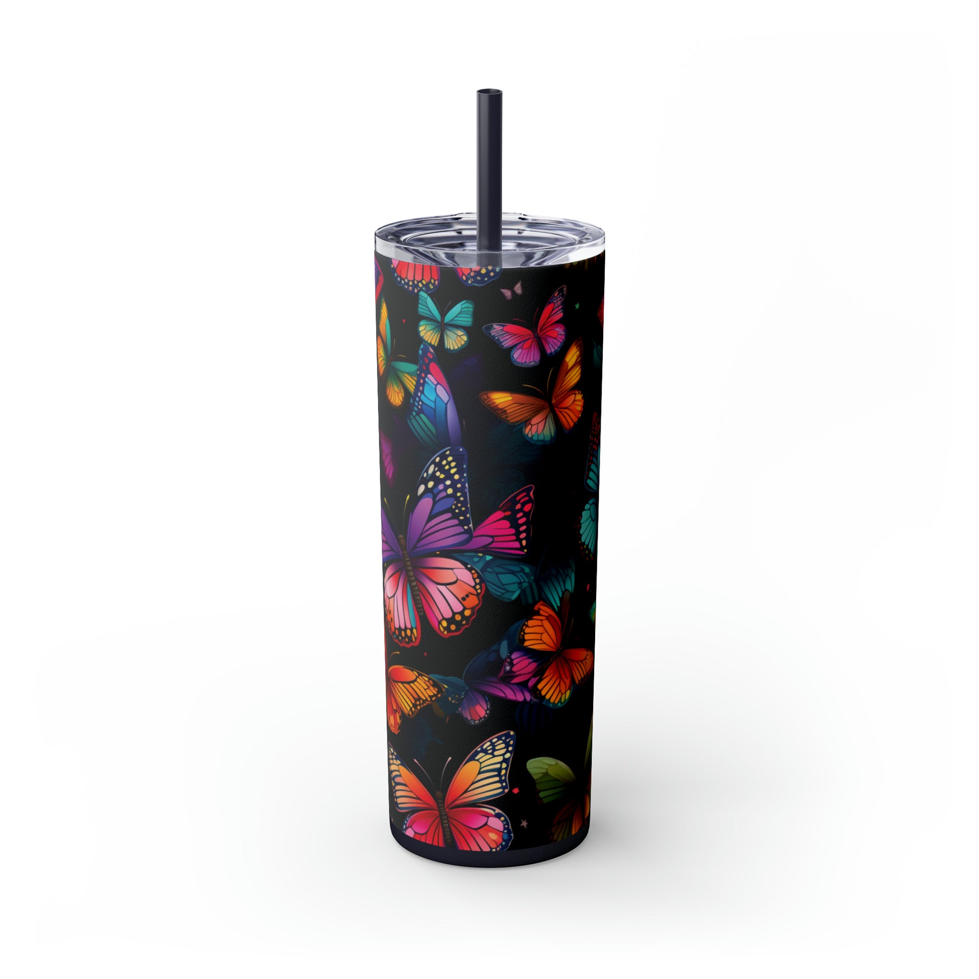Vivid Butterflies 20oz Insulated Stainless Steel Skinny Tumbler with Lid and Straw - Dyborn Designs