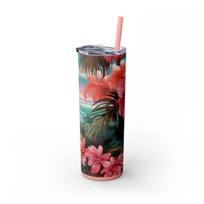 Pink Hibiscus 20oz Insulated Stainless Steel Skinny Tumbler with Lid and Straw - Dyborn Designs