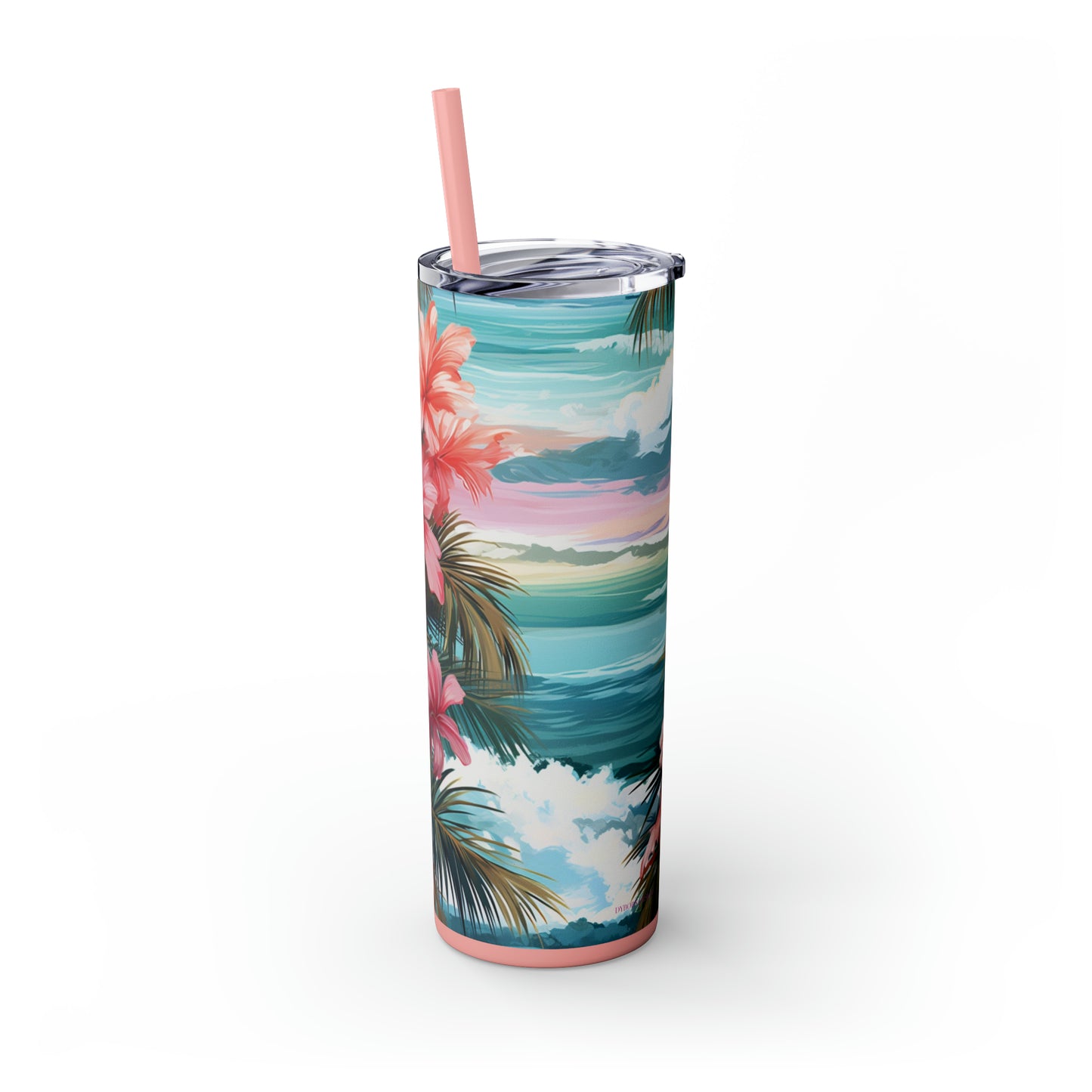 Pink Hibiscus 20oz Insulated Stainless Steel Skinny Tumbler with Lid and Straw - Dyborn Designs