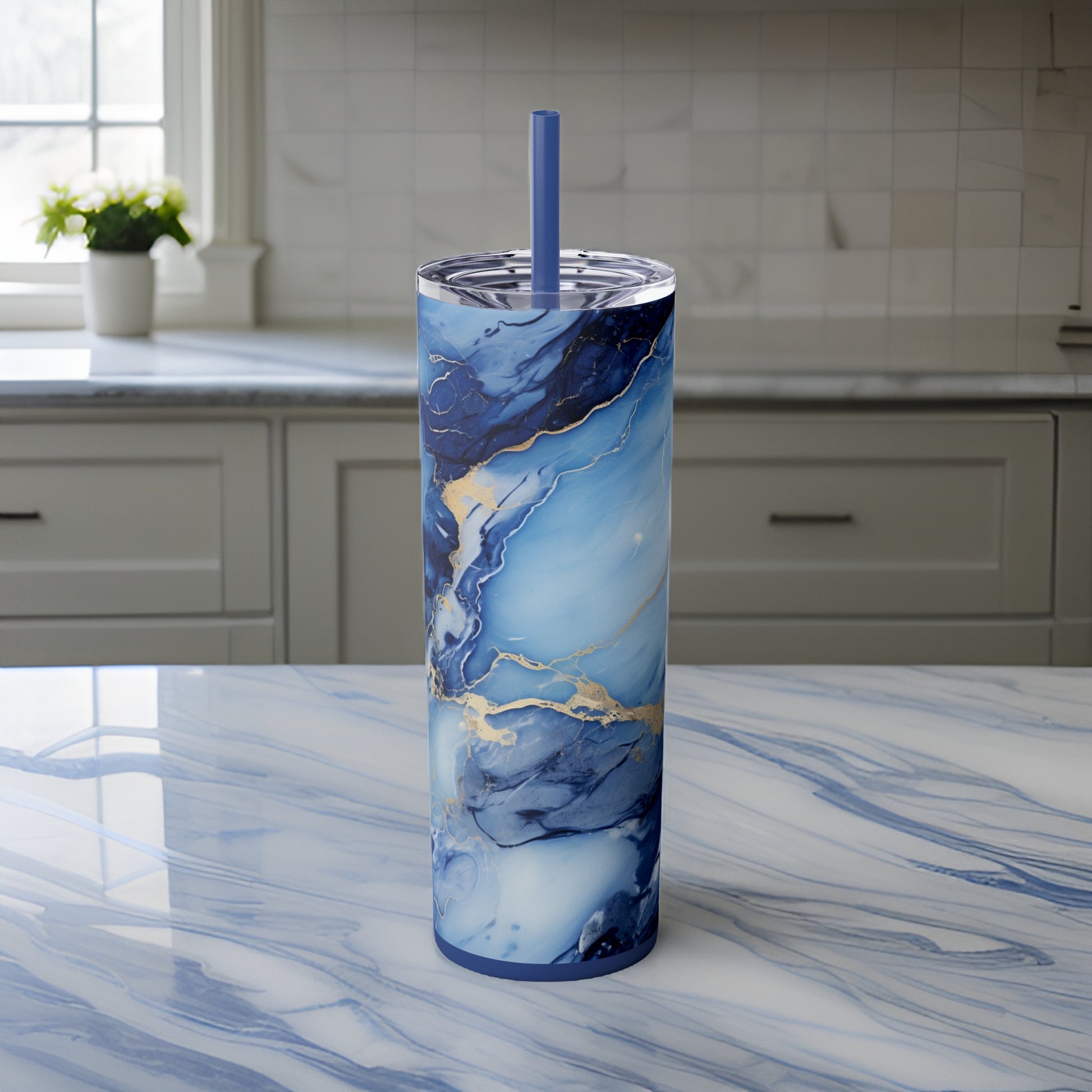 Blue Marble 20oz Stainless Steel Skinny Tumbler with Lid & Straw Color Nautical Blue - Dyborn Designs