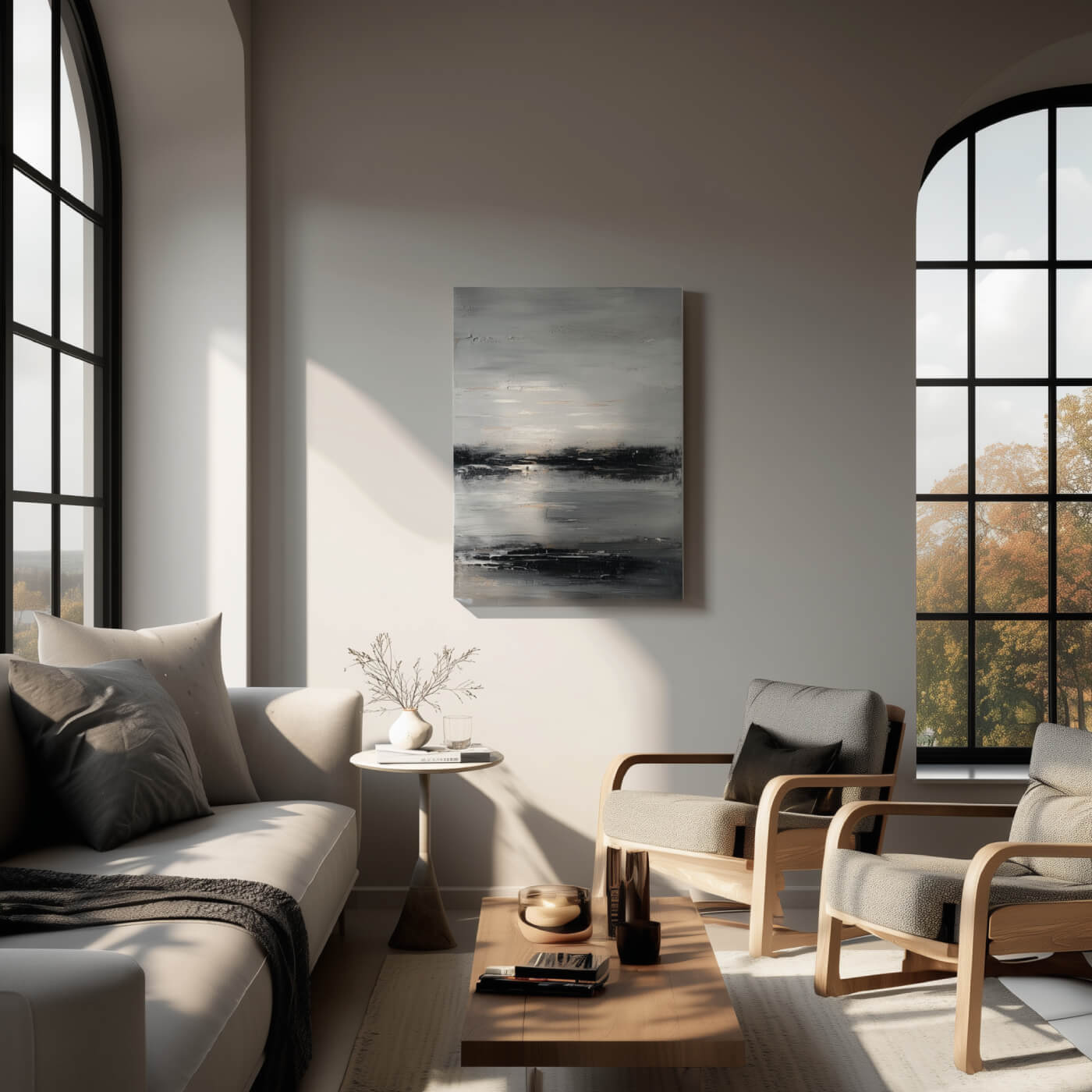 Minimalist Acrylic Wall Art On Wall Between Two Windows In A Modern Livingroom - Dyborn Designs