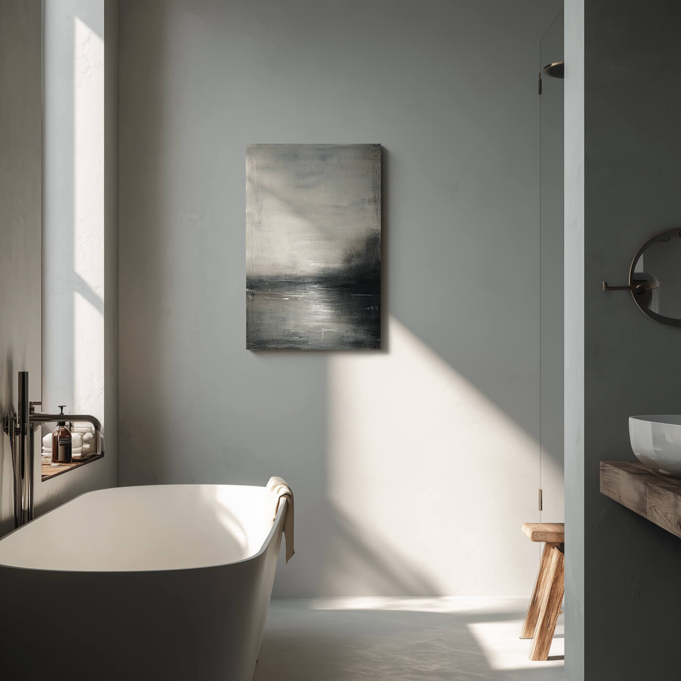 Minimalist Acrylic Wall Art In Bathroom With A Tub And Sink - Dyborn Designs