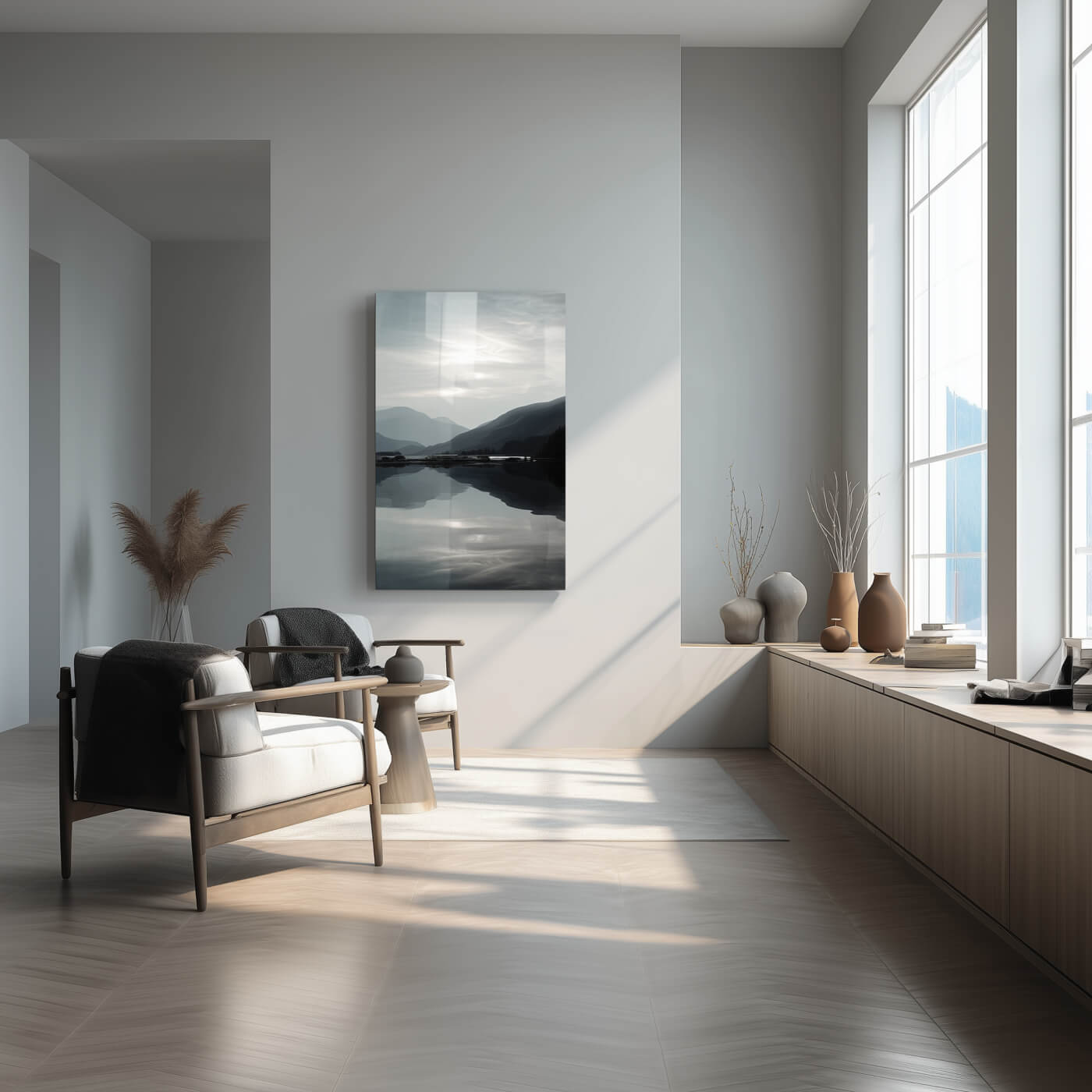 Minimalist Acrylic Wall Art In Livingroom With A Large Window - Dyborn Designs