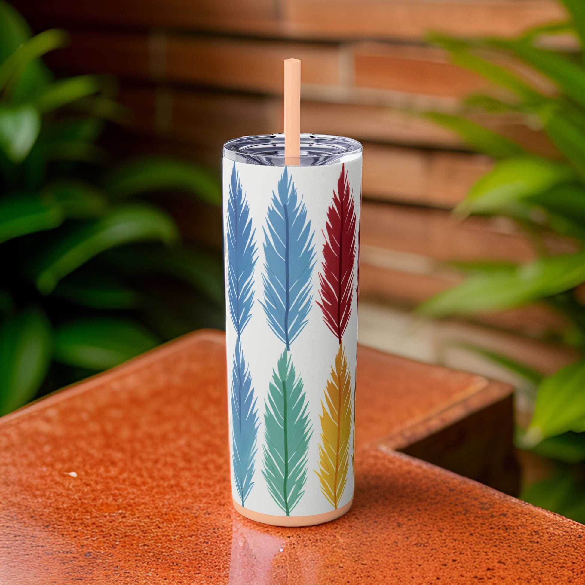 Feathered Harmony 20oz Stainless Steel Skinny Tumbler with Lid & Straw Color Blush - Dyborn Designs