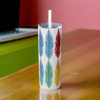 Feathered Harmony 20oz Stainless Steel Skinny Tumbler with Lid & Straw Color White - Dyborn Designs