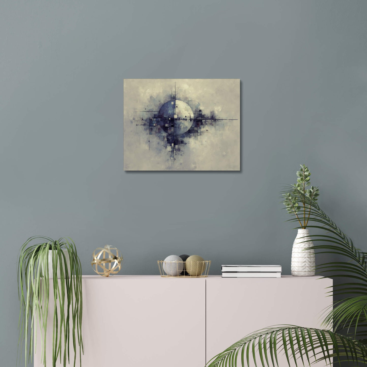 Fractured Orbit -Modern Minimalist Acrylic Wall Art - 20 x 16 Inch - Blue Mock Up - Dyborn Designs