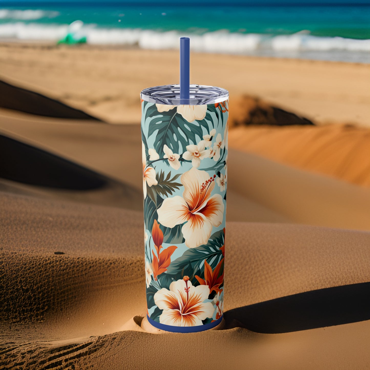 Hawaiian Dream 20oz Stainless Steel Skinny Tumbler with Lid & Straw Color Nautical Blue - Dyborn Designs