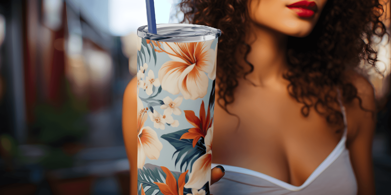 Hero Image Dyborn Designs - Search Result Thumbnail - Woman Holding a Skinny Drink Tumbler with Flowers