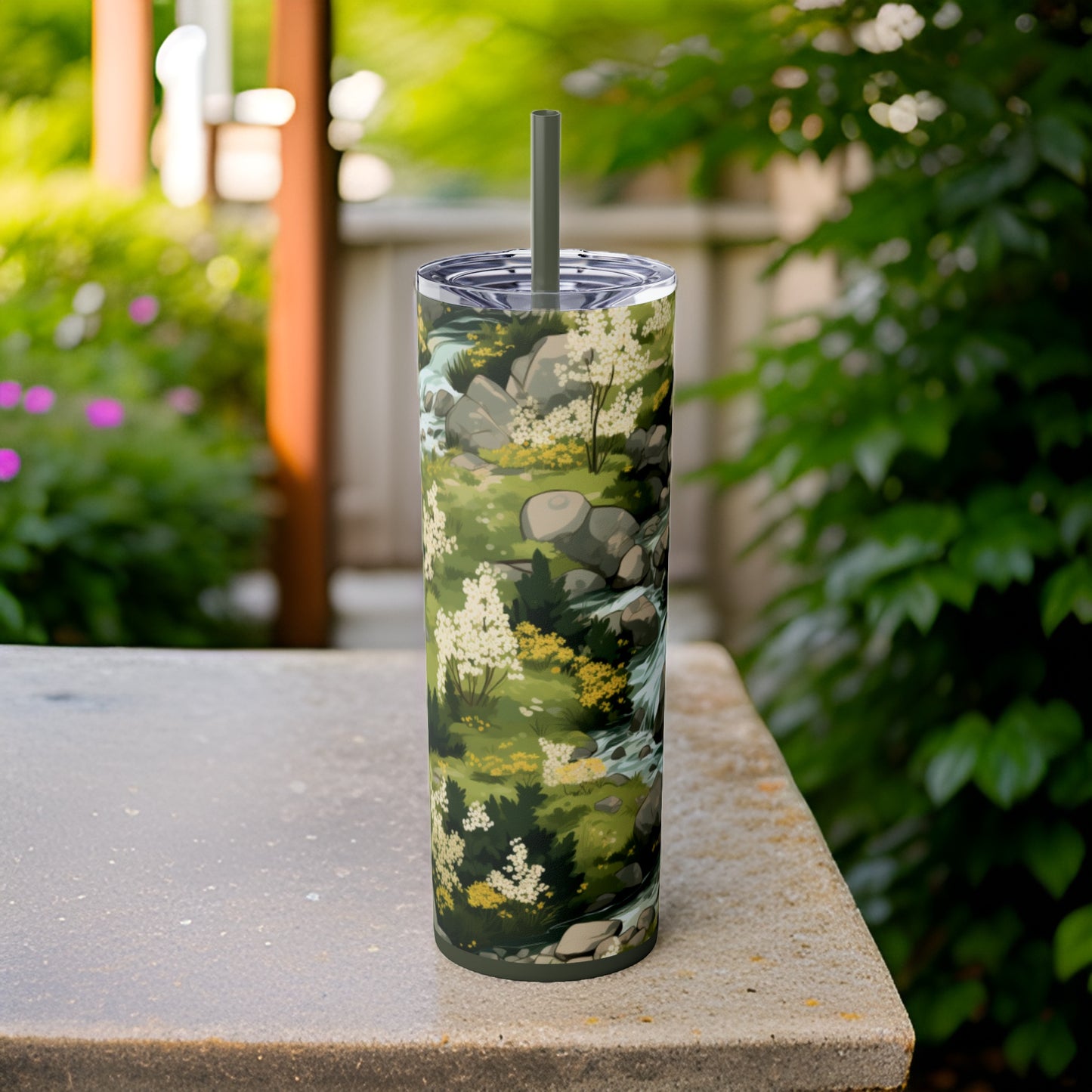 Meandering Stream 20oz Stainless Steel Skinny Tumbler with Lid & Straw Color Pine Needle - Dyborn Designs