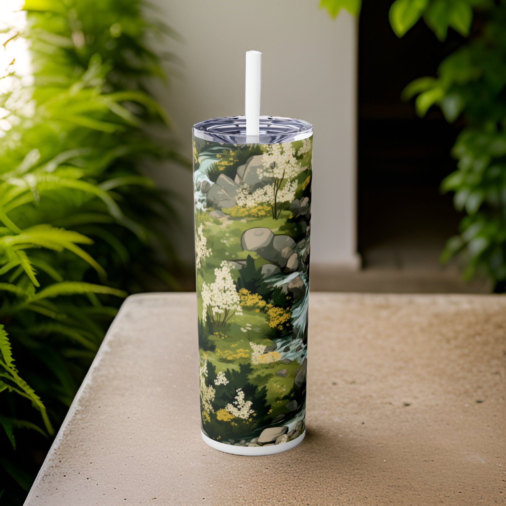 Meandering Stream 20oz Stainless Steel Skinny Tumbler with Lid & Straw Color White - Dyborn Designs