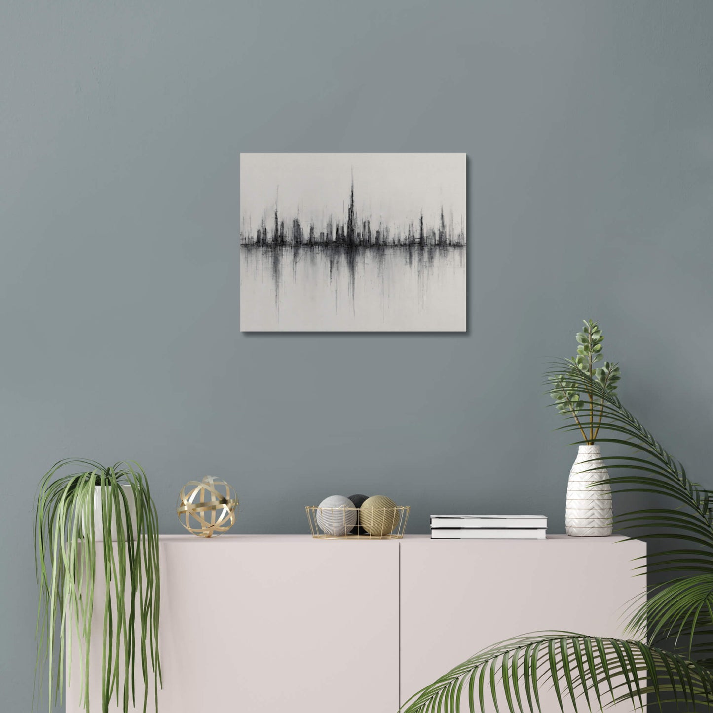 Mirrored Spires - Modern Minimalist Acrylic Wall Art - 20 x 16 Inch - Blue Mock Up - Dyborn Designs