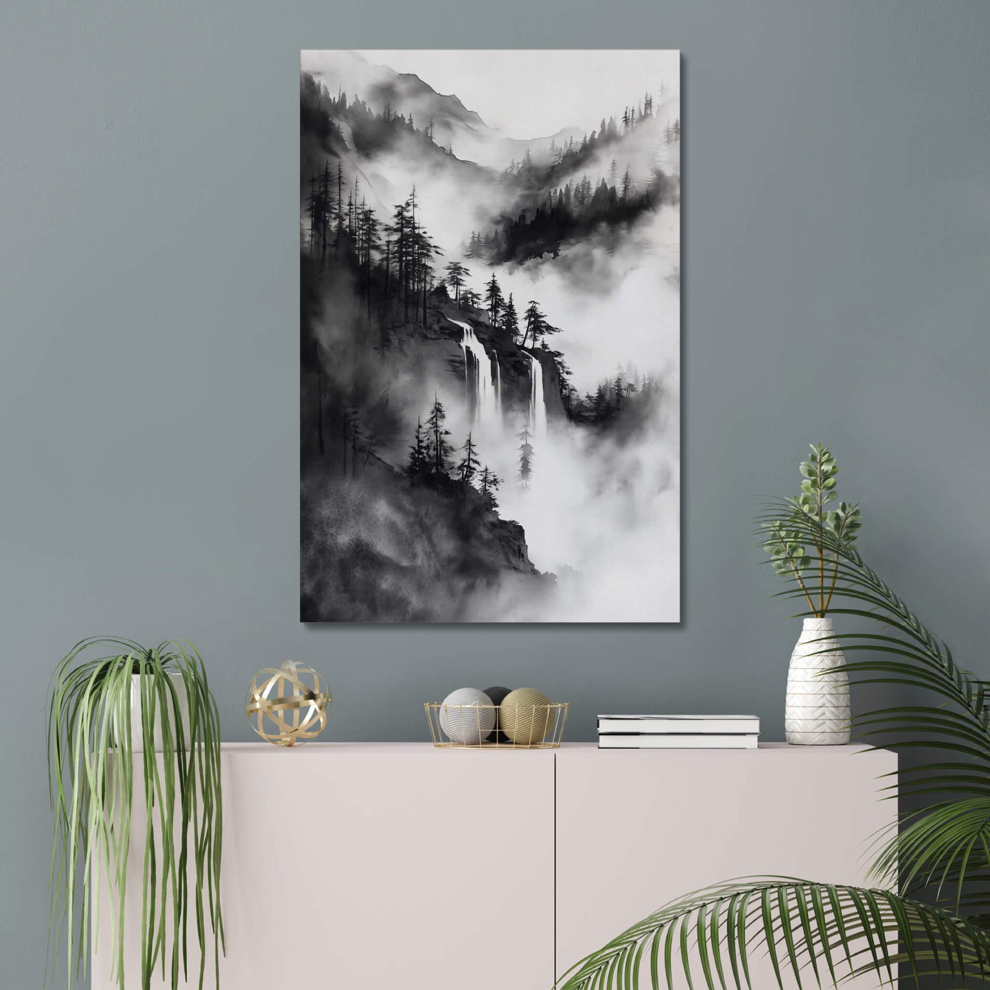 Misty Waterfall - Modern Minimalist Acrylic Wall Art - 24 x 36 Inch - Blue Mock Up - Dyborn Designs