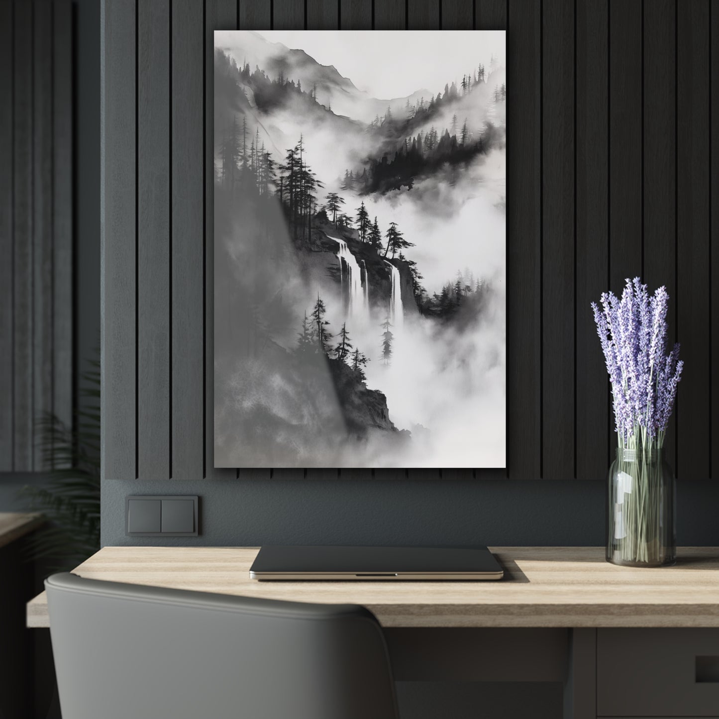 Misty Waterfall - Modern Minimalist Acrylic Wall Art - 24 x 36 Inch - Dark Mock Up - Dyborn Designs