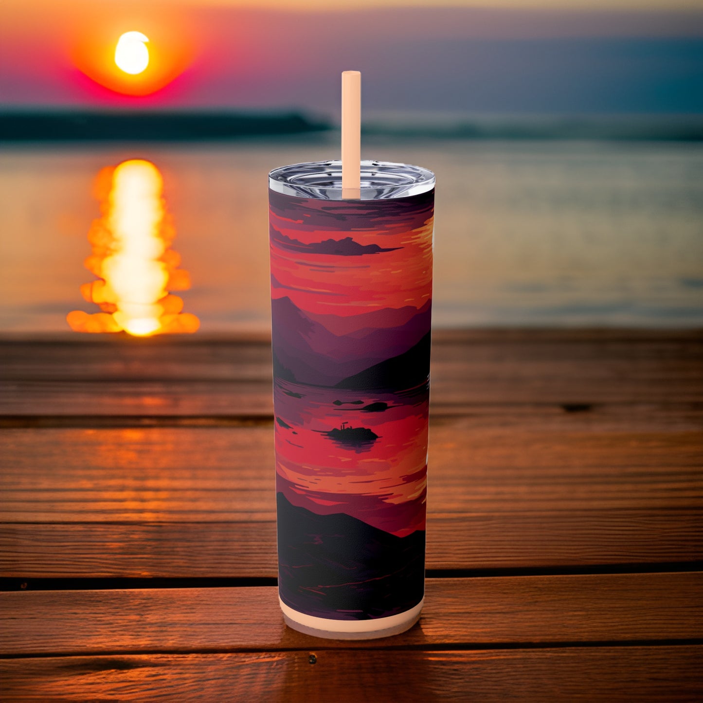 Mountain Sunset 20oz Stainless Steel Skinny Tumbler with Lid & Straw Color Blush - Dyborn Designs