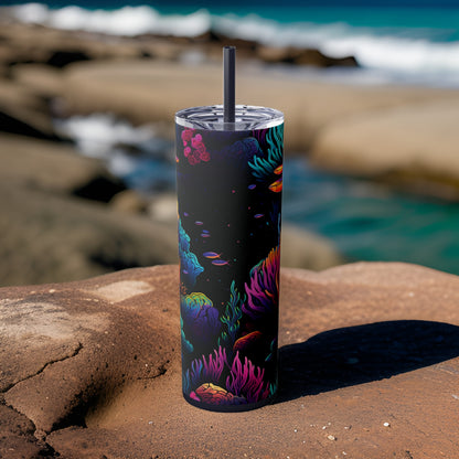Neon Seascape 20oz Stainless Steel Skinny Tumbler with Lid & Straw Color Midnight - Dyborn Designs