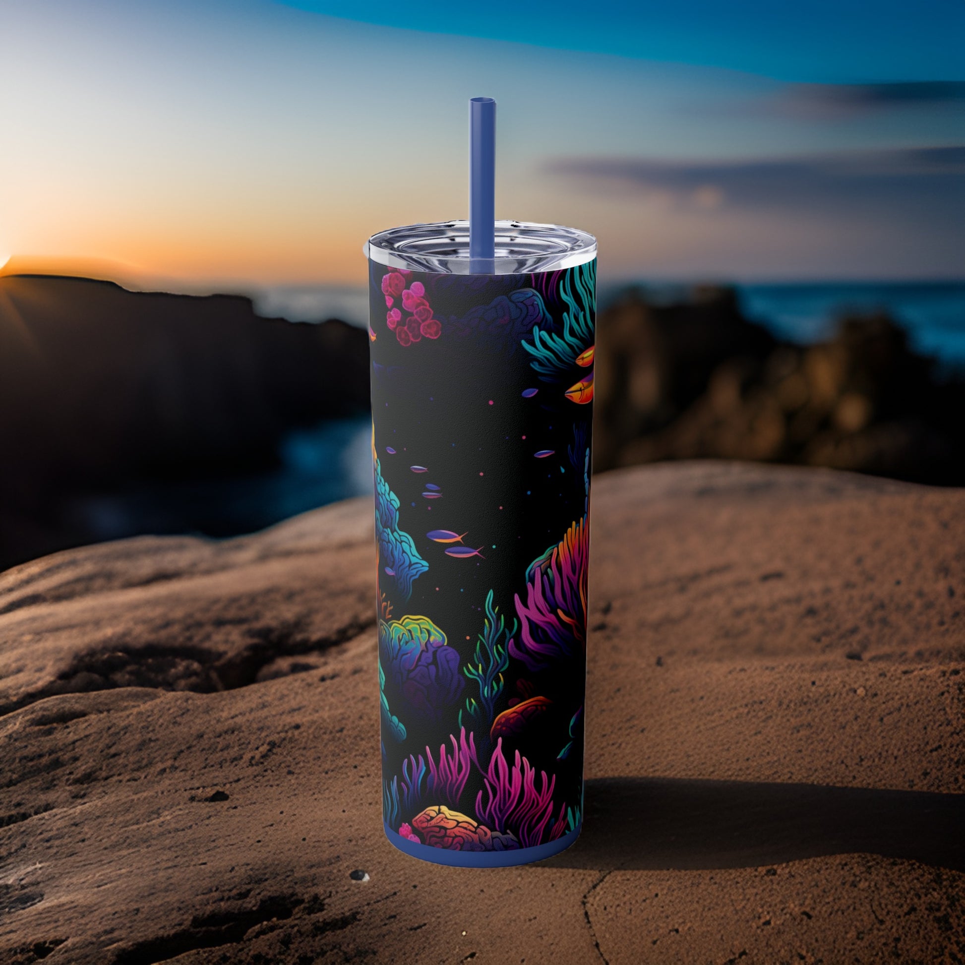 Neon Seascape 20oz Stainless Steel Skinny Tumbler with Lid & Straw Color Nautical Blue - Dyborn Designs