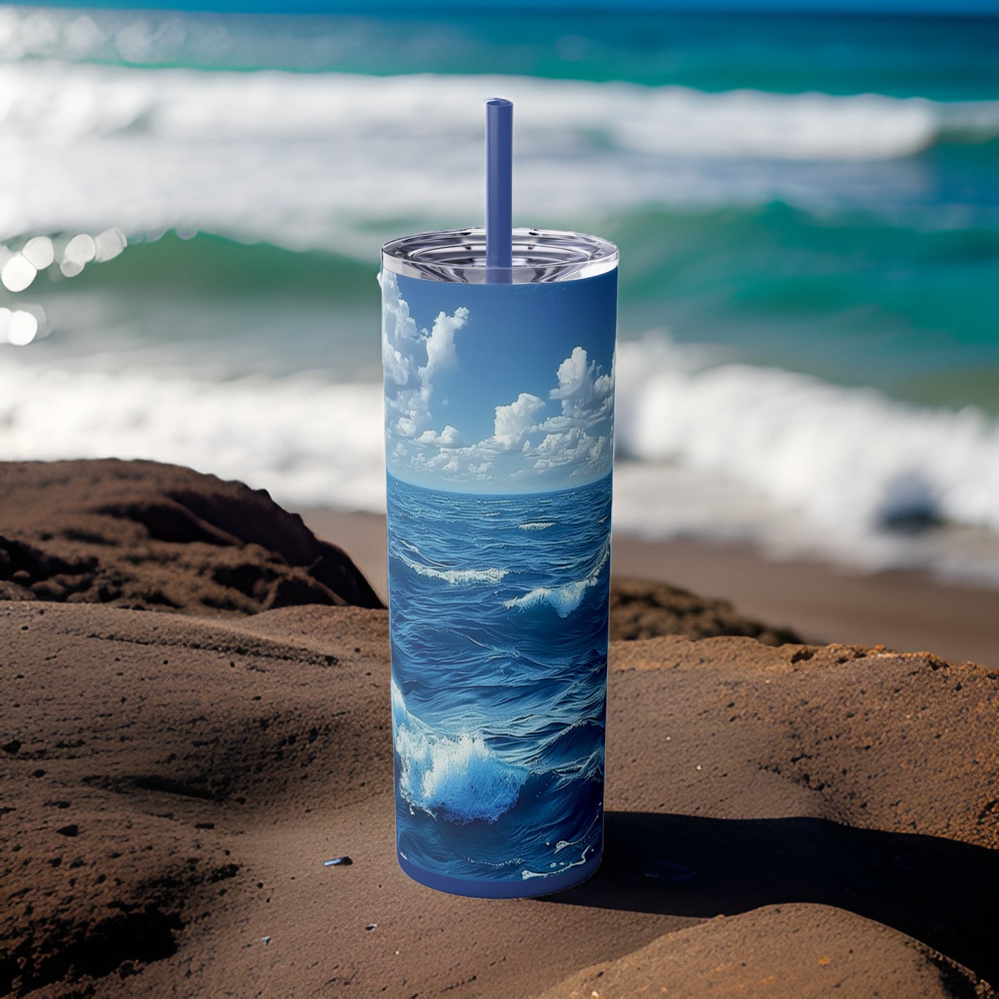 Ocean Blue 20oz Stainless Steel Skinny Tumbler with Lid & Straw Color Nautical Blue - Dyborn Designs