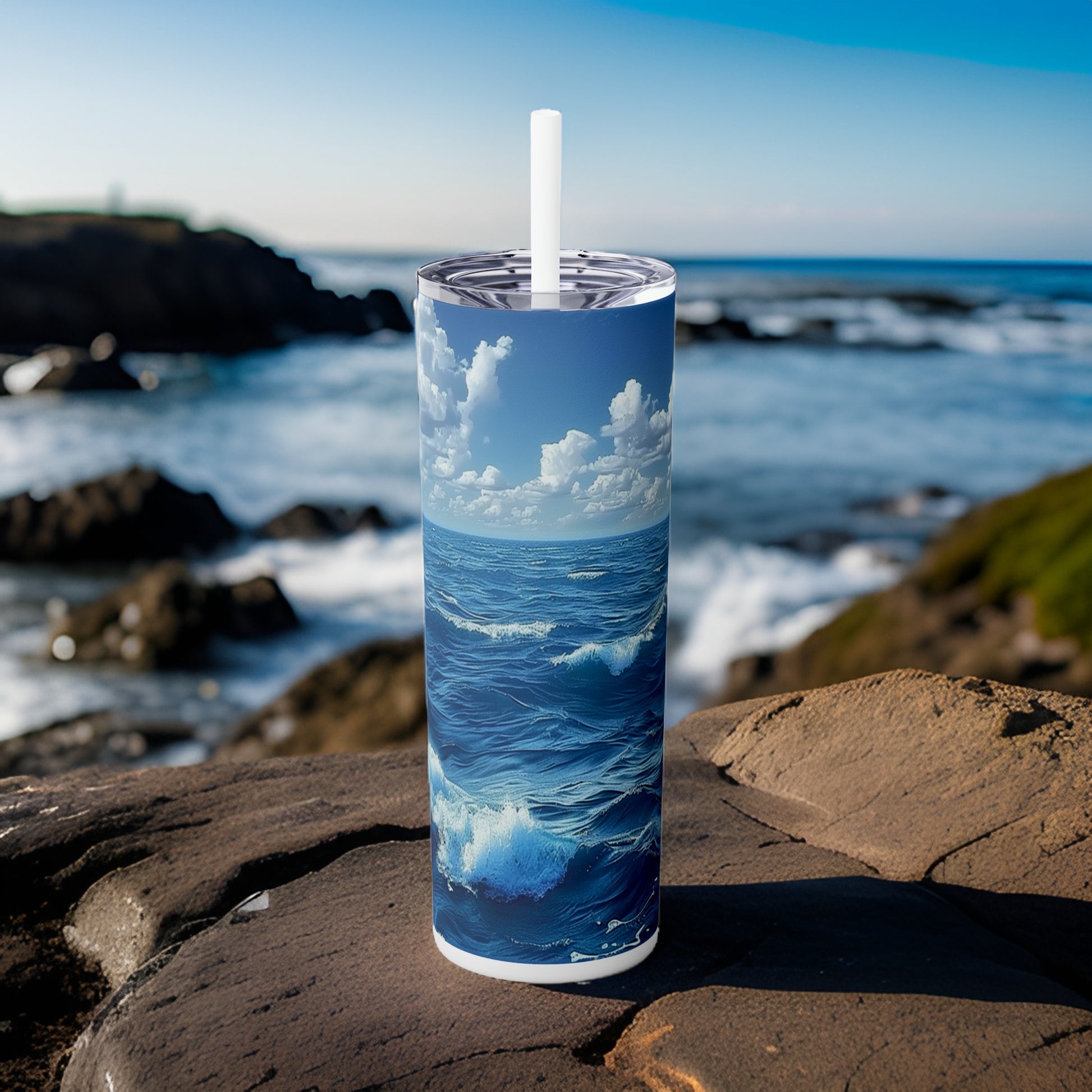 Ocean Blue 20oz Stainless Steel Skinny Tumbler with Lid & Straw Color White - Dyborn Designs