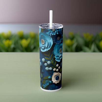 Paper Flowers 20oz Stainless Steel Skinny Tumbler with Lid & Straw Color White - Dyborn Designs