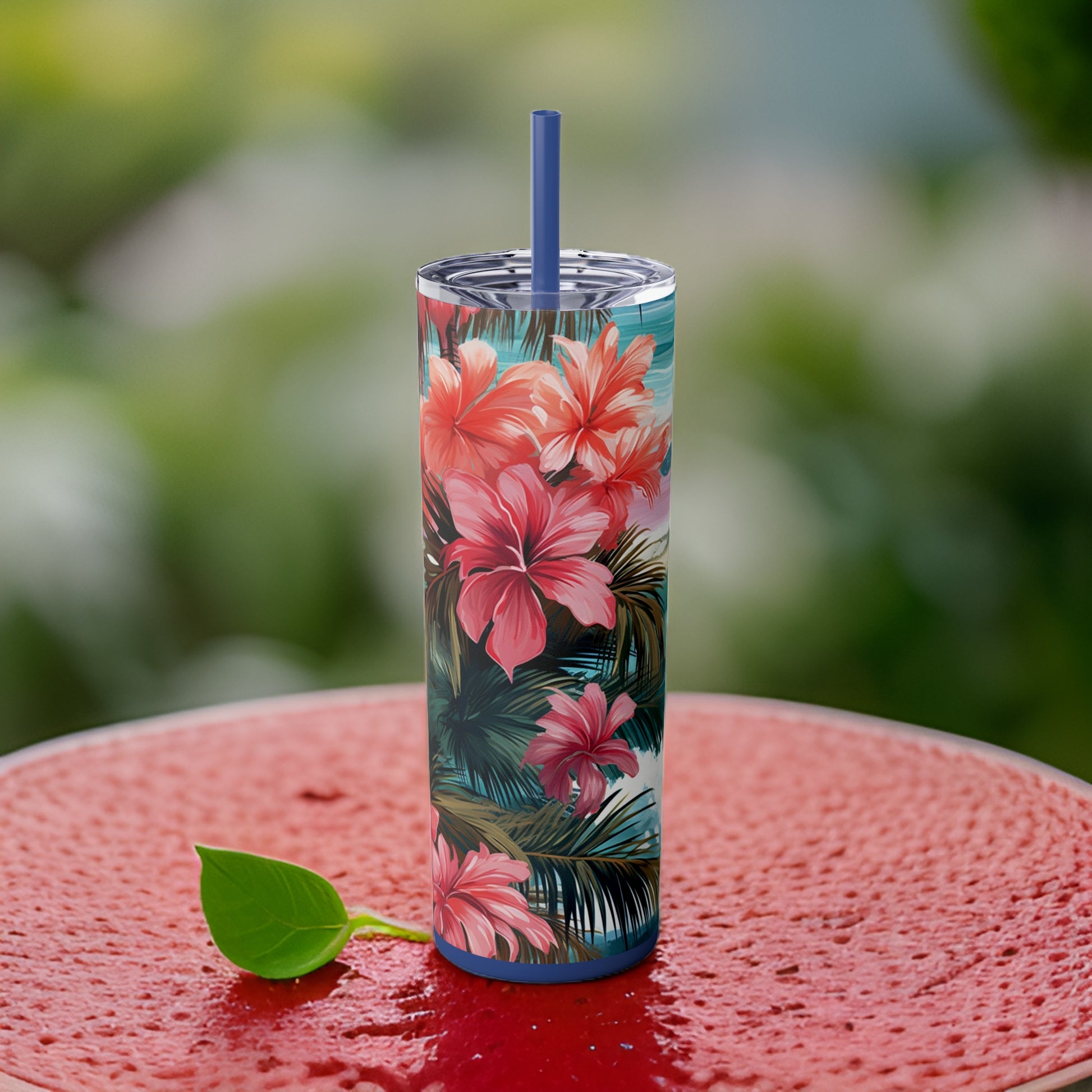 Pink Hibiscus 20oz Stainless Steel Skinny Tumbler with Lid & Straw Color Nautical Blue - Dyborn Designs