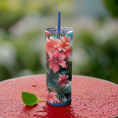 Pink Hibiscus 20oz Stainless Steel Skinny Tumbler with Lid & Straw Color Nautical Blue - Dyborn Designs