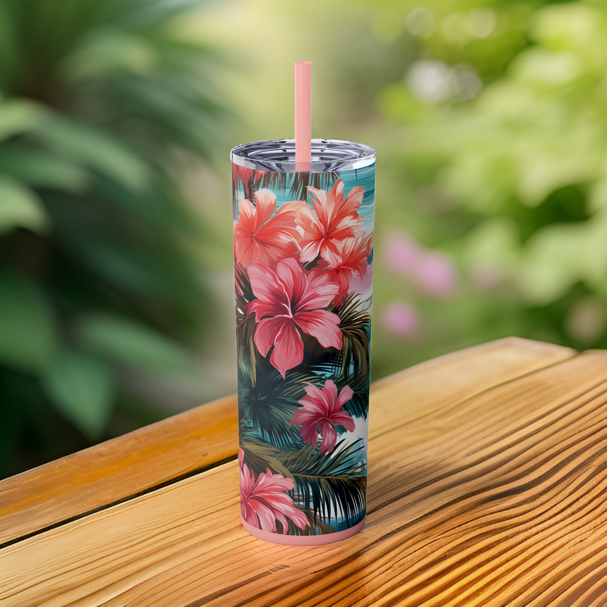 Pink Hibiscus 20oz Stainless Steel Skinny Tumbler with Lid & Straw Color Soft Pink - Dyborn Designs