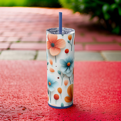 Summer Flowers 20oz Stainless Steel Skinny Tumbler with Lid & Straw Color Nautical Blue - Dyborn Designs