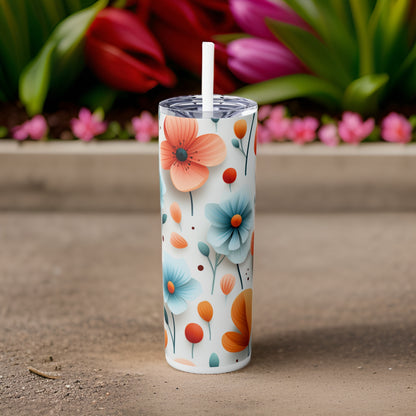 Summer Flowers 20oz Stainless Steel Skinny Tumbler with Lid & Straw Color White - Dyborn Designs