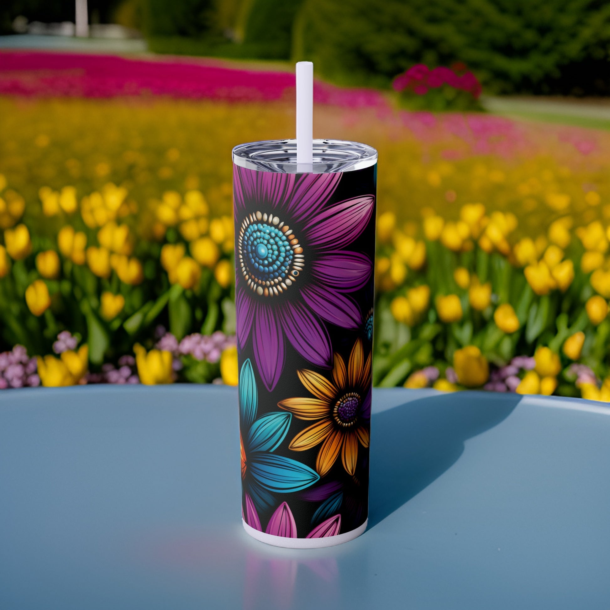 Sunflower Fantasy 20oz Stainless Steel Skinny Tumbler with Lid & Straw Color Lilac - Dyborn Designs