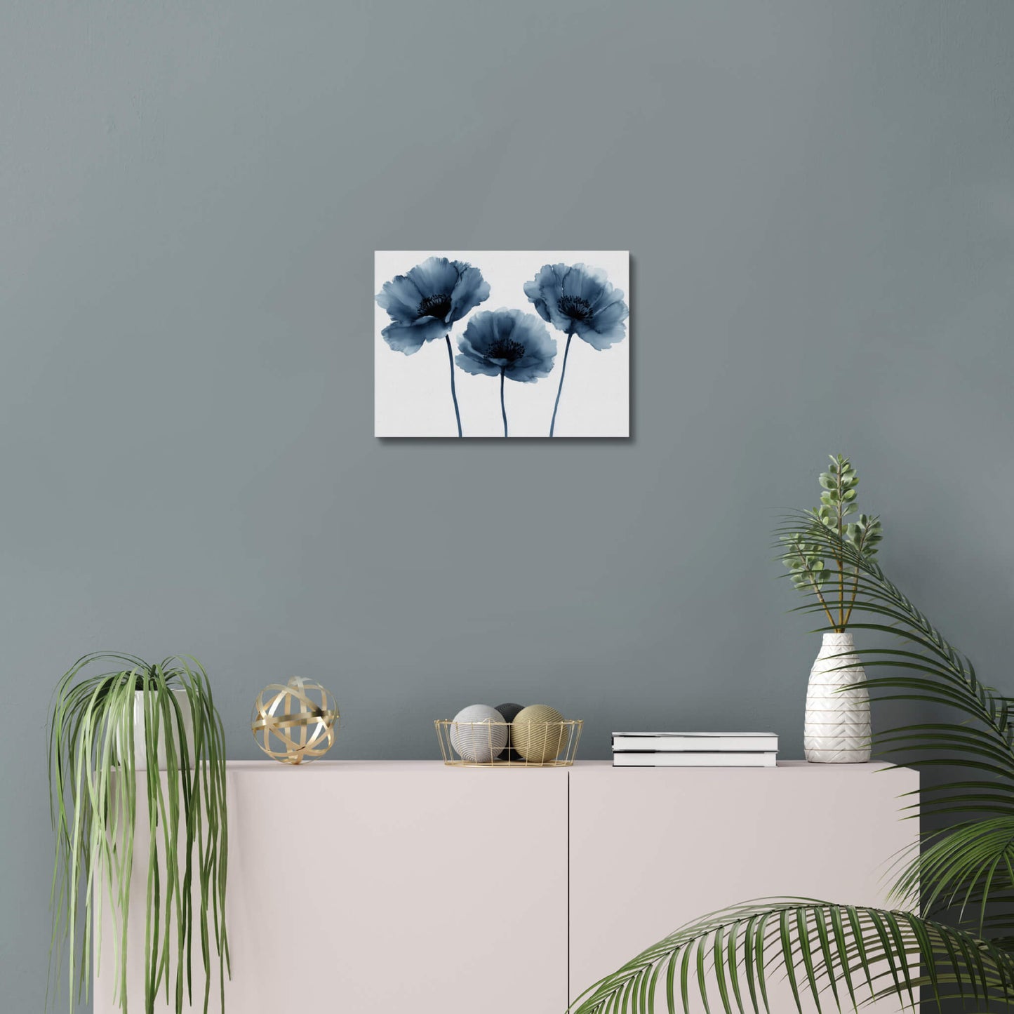 Three Flowers - Modern Minimalist Acrylic Wall Art - 14 x 11 Inch - Blue Mock Up - Dyborn Designs