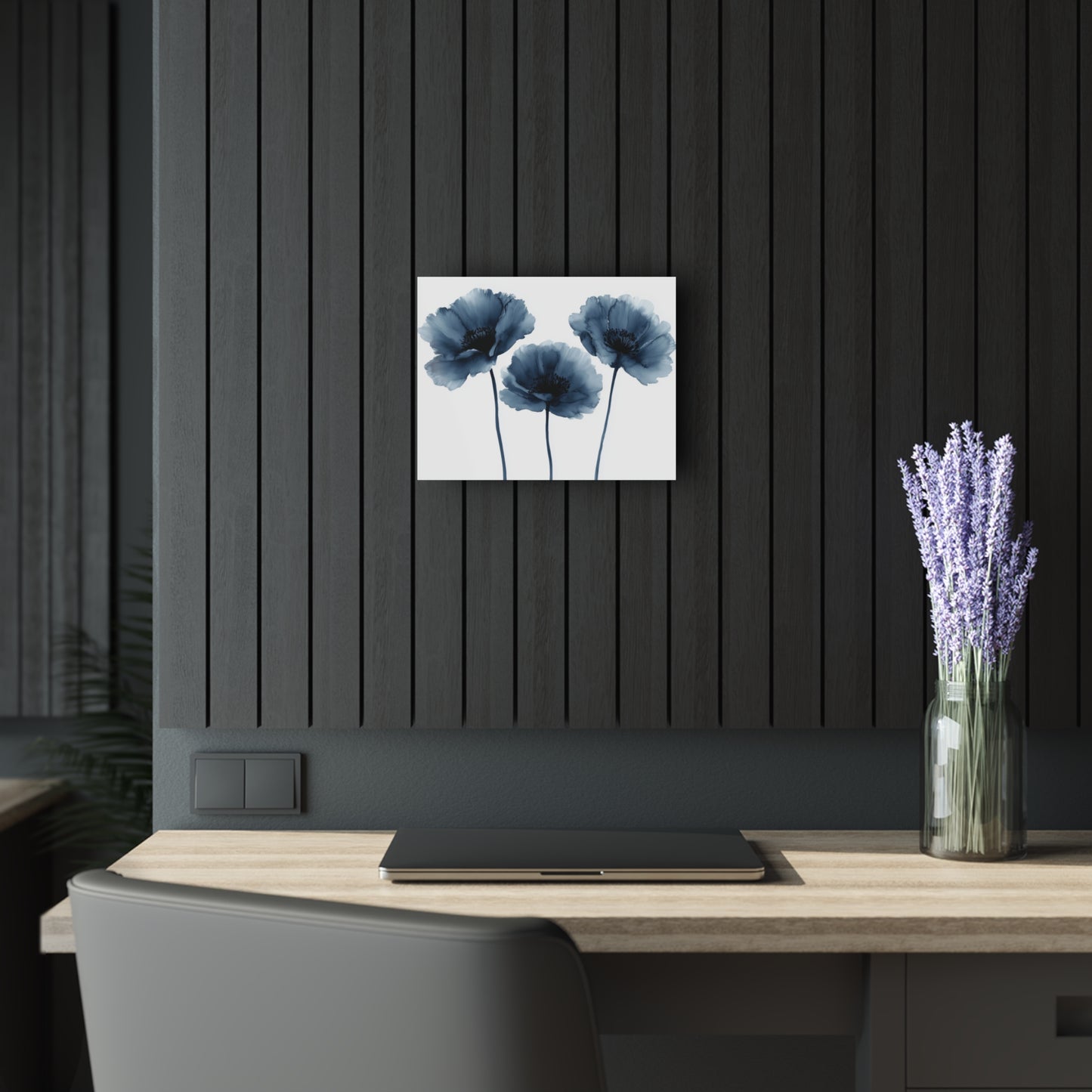 Three Flowers - Modern Minimalist Acrylic Wall Art - 14 x 11 Inch - Dark Mock Up - Dyborn Designs