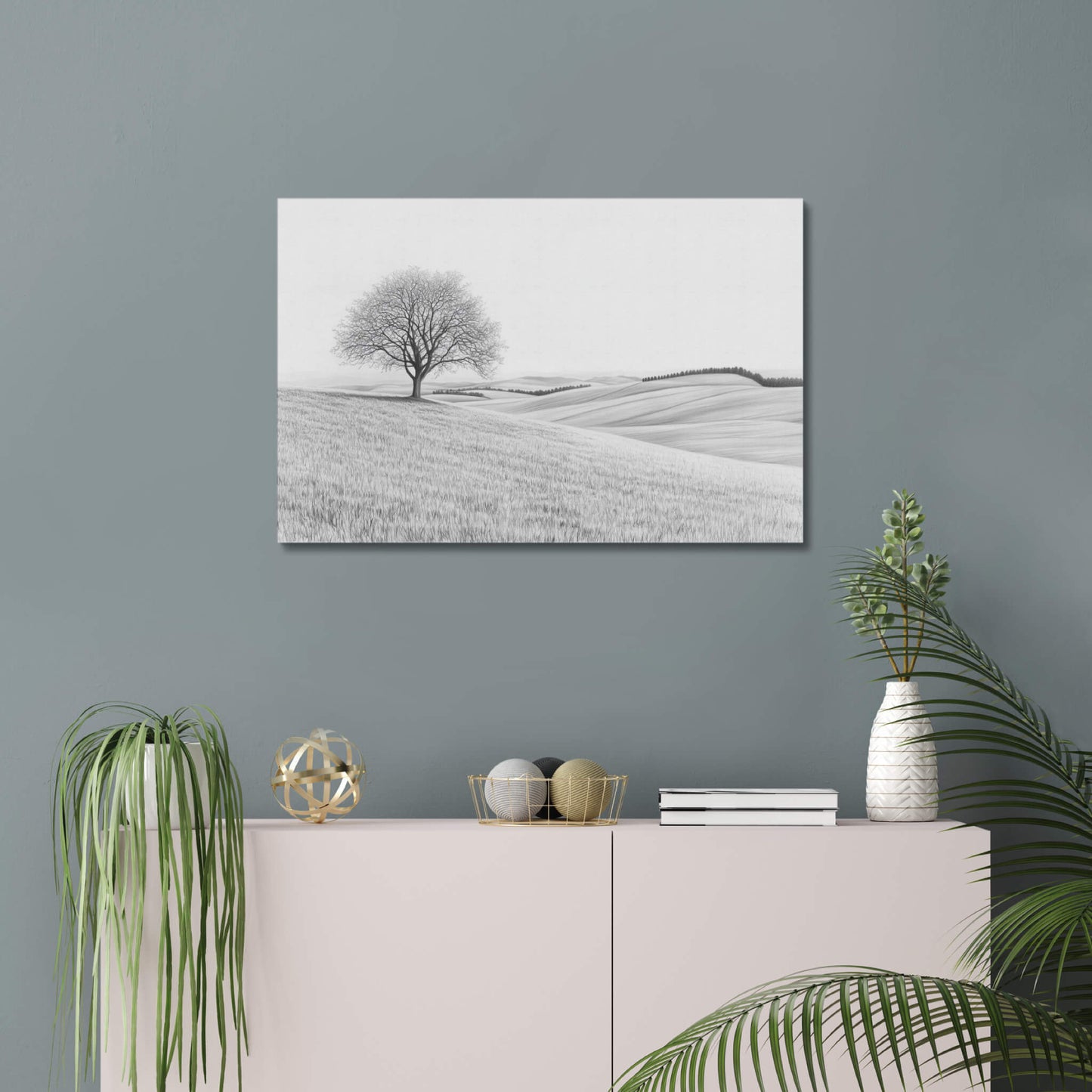 Tree On A Hill - Modern Minimalist Acrylic Wall Art - 30 x 20 Inch - Blue Mock Up - Dyborn Designs