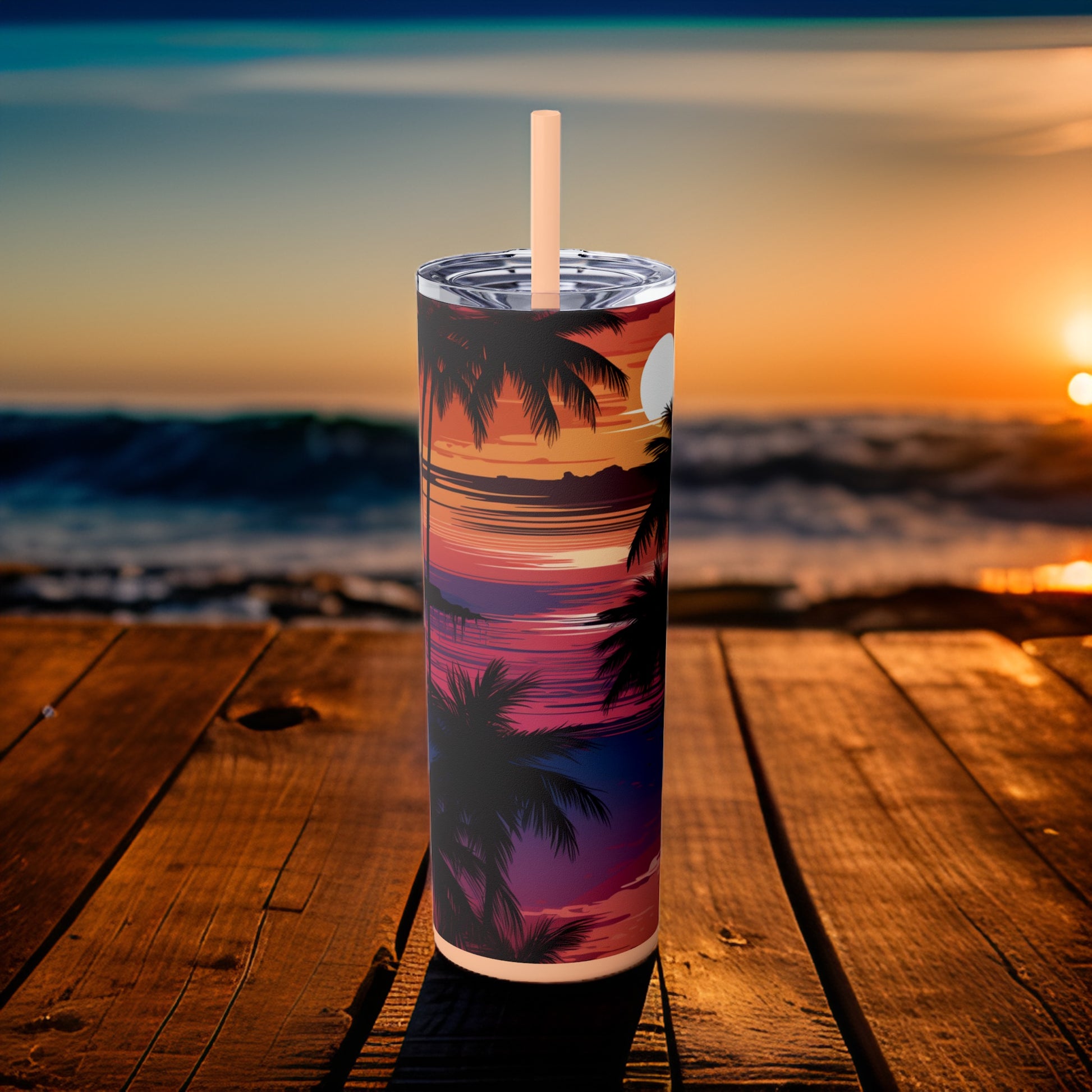 Tropical Sunset 20oz Stainless Steel Skinny Tumbler with Lid & Straw Color Blush - Dyborn Designs