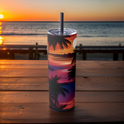 Tropical Sunset 20oz Stainless Steel Skinny Tumbler with Lid & Straw Color Midnight - Dyborn Designs