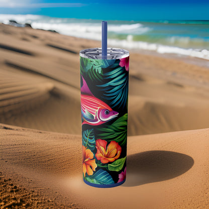 Tropical Vibes 20oz Stainless Steel Skinny Tumbler with Lid & Straw Color Nautical Blue - Dyborn Designs