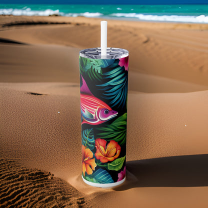 Tropical Vibes 20oz Stainless Steel Skinny Tumbler with Lid & Straw Color White - Dyborn Designs