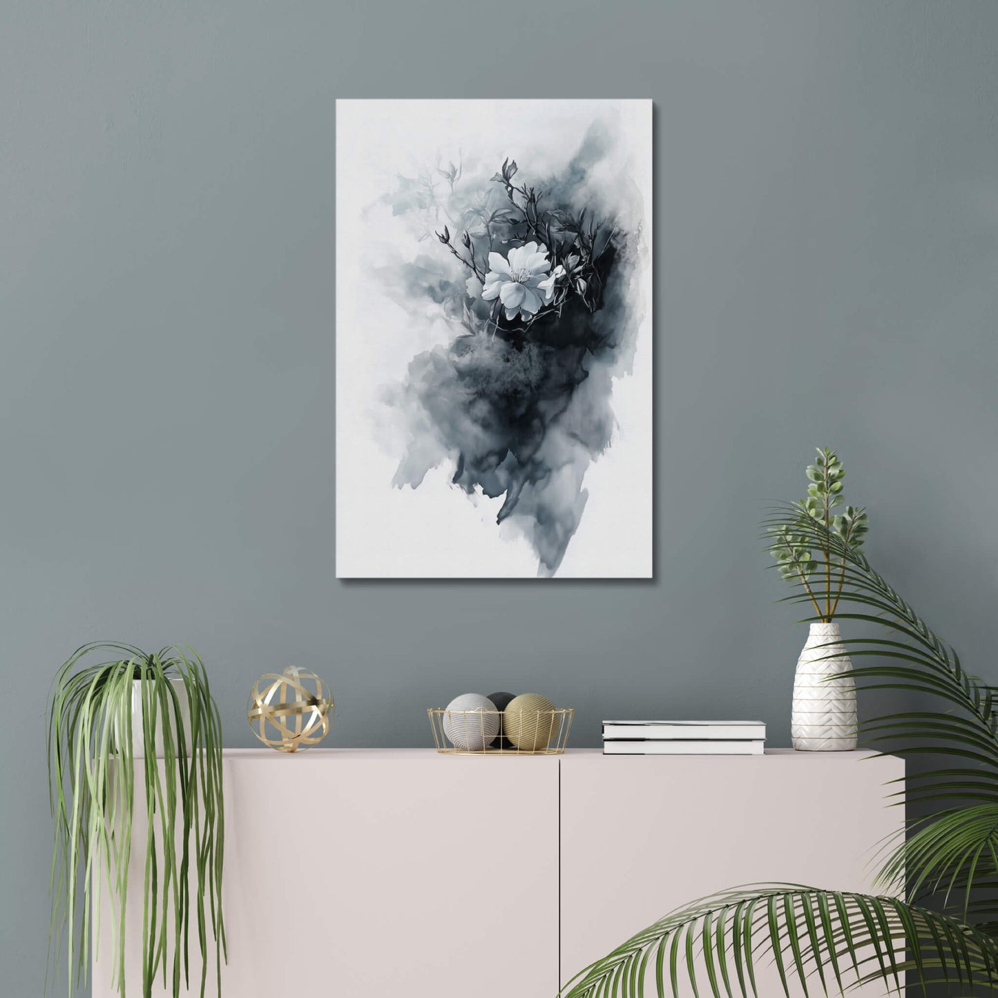 White Flower - Modern Minimalist Acrylic Wall Art - 20 x 30 Inch - Blue Mock Up - Dyborn Designs