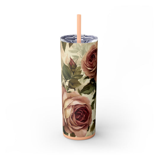 Vintage Roses 20oz Insulated Stainless Steel Skinny Tumbler with Lid and Straw - Dyborn Designs