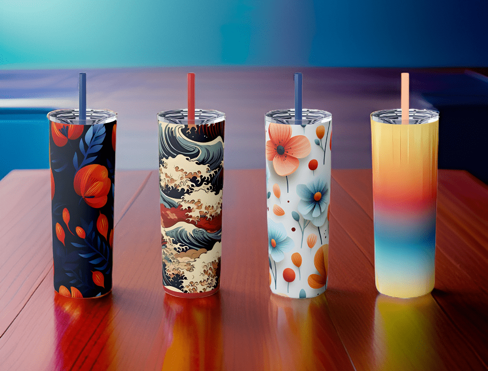 4 Skinny Tumbler on a Table and Blue Background - Dyborn Designs