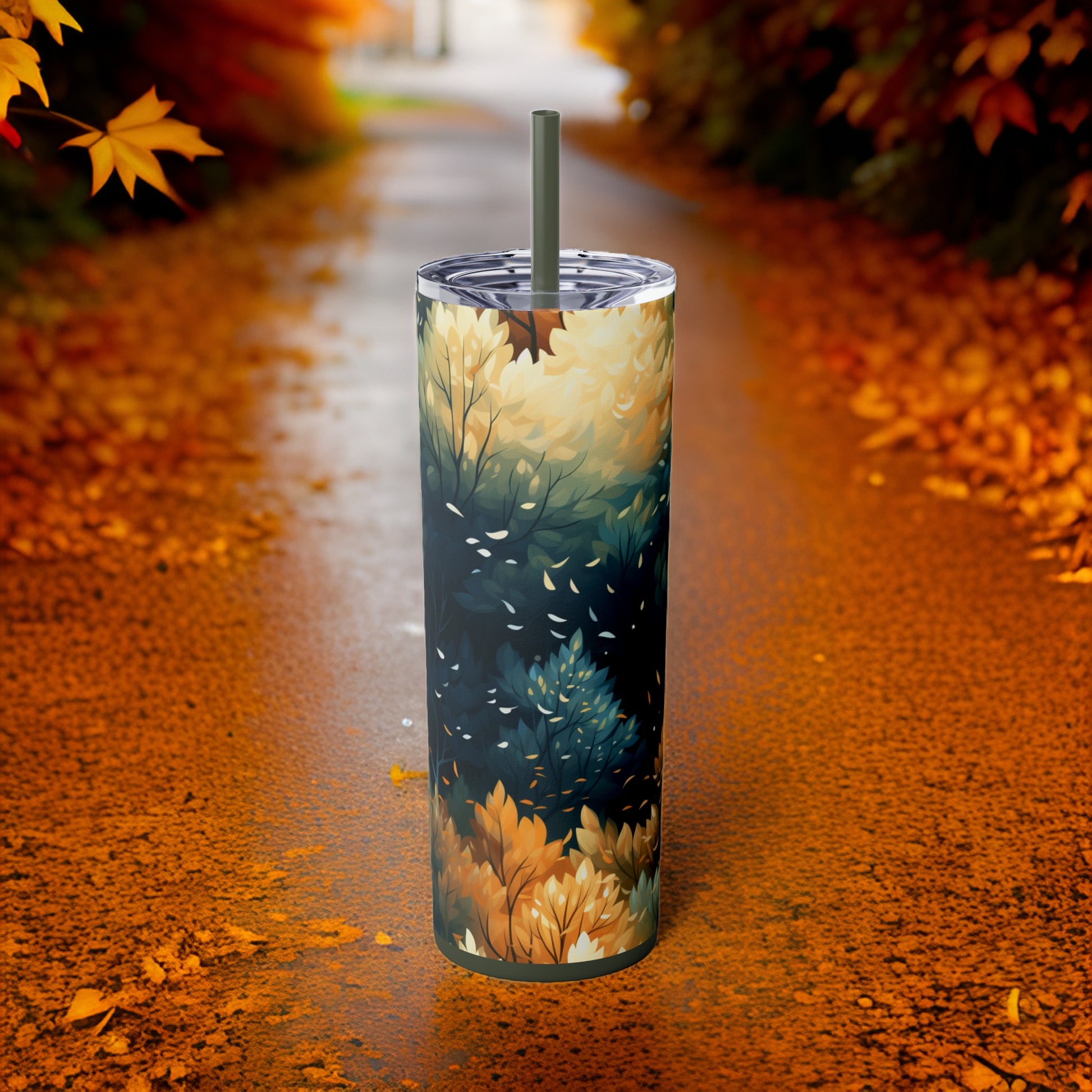 Autumn Sunset 20oz Stainless Steel Skinny Tumbler with Lid & Straw Color Pine Needle - Dyborn Designs