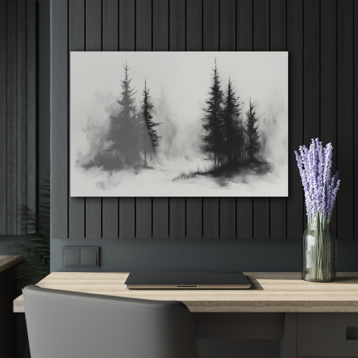 Divided Pines - Modern Minimalist Acrylic Wall Art - 36 x 24 Inch - Dark Mock Up - Dyborn Designs