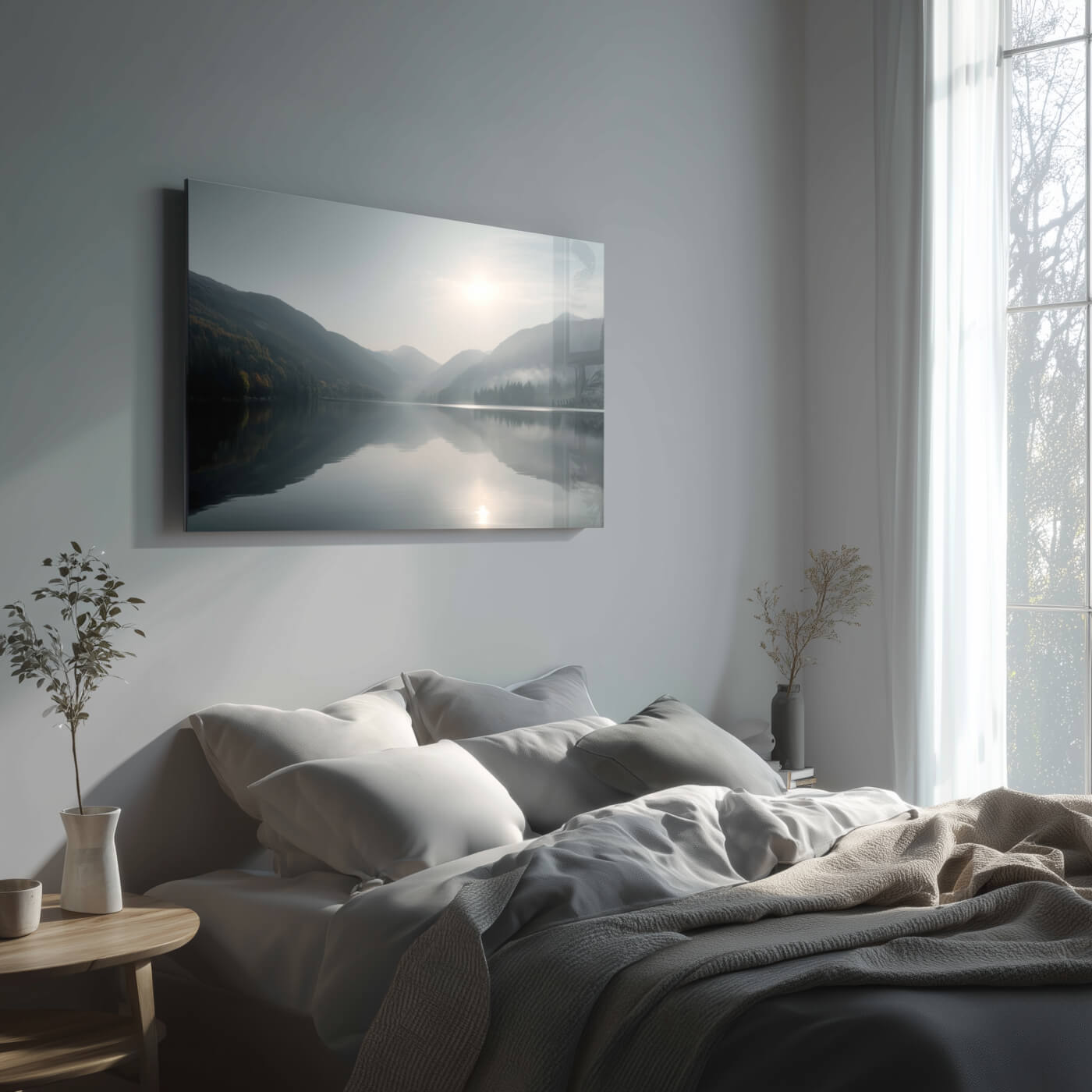 Minimalist Acrylic Wall Art In Bedroom Above A Modern Bed - Dyborn Designs