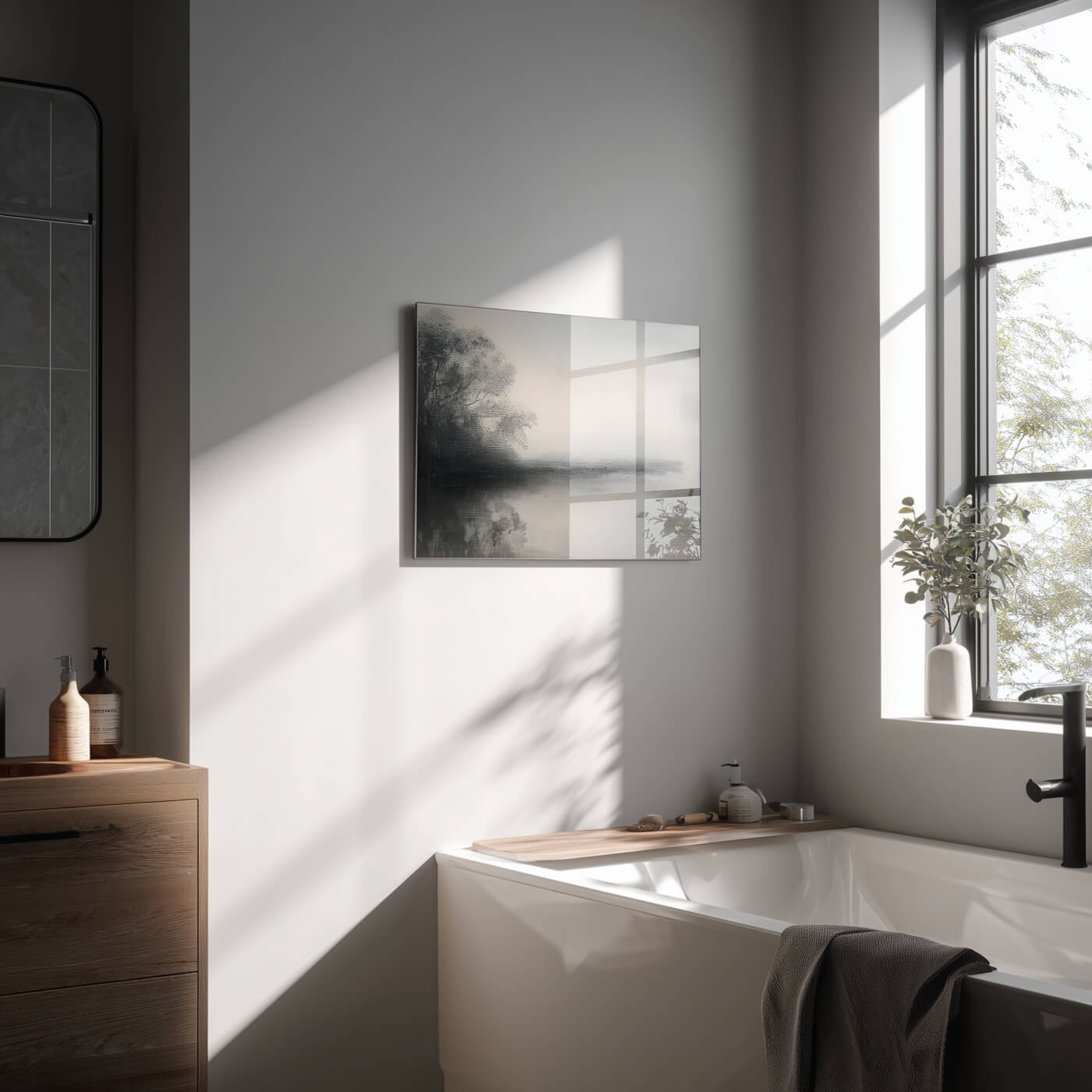 Minimalist Acrylic Wall Art With Reflection In Modern Bathroom With A Tub - Dyborn Designs