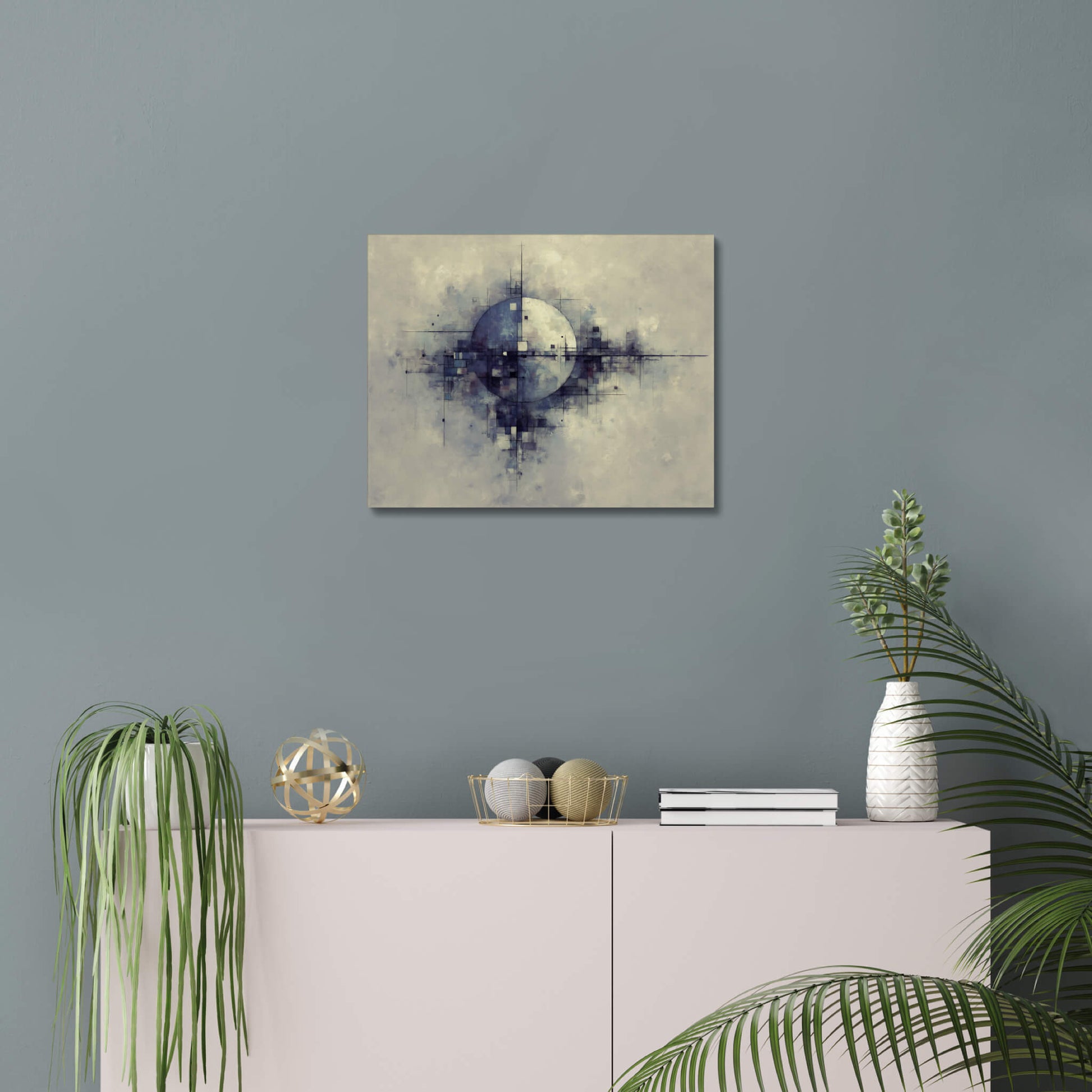 Fractured Orbit -Modern Minimalist Acrylic Wall Art - 20 x 16 Inch - Blue Mock Up - Dyborn Designs