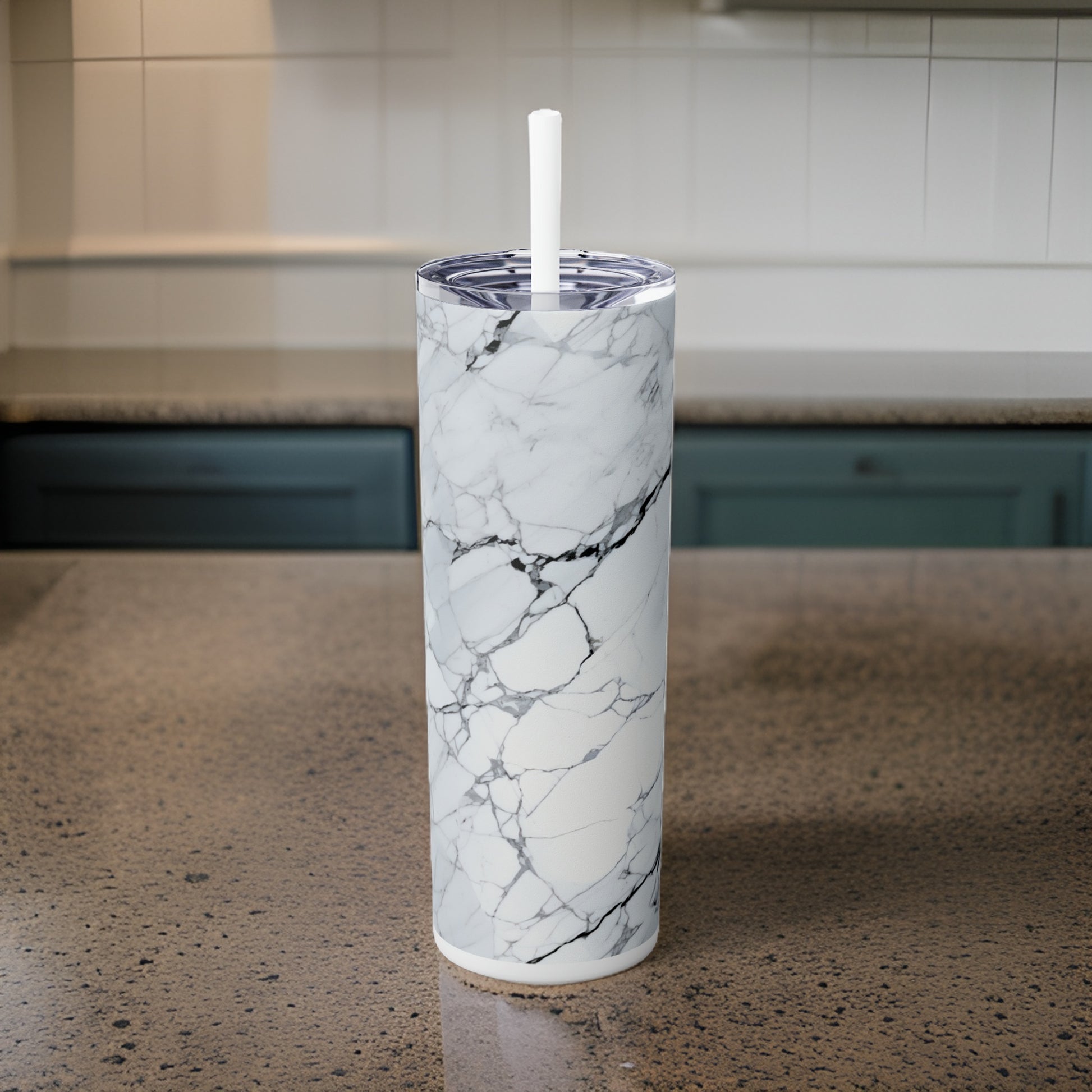 Gray Marble 20oz Stainless Steel Skinny Tumbler with Lid & Straw Color White - Dyborn Designs