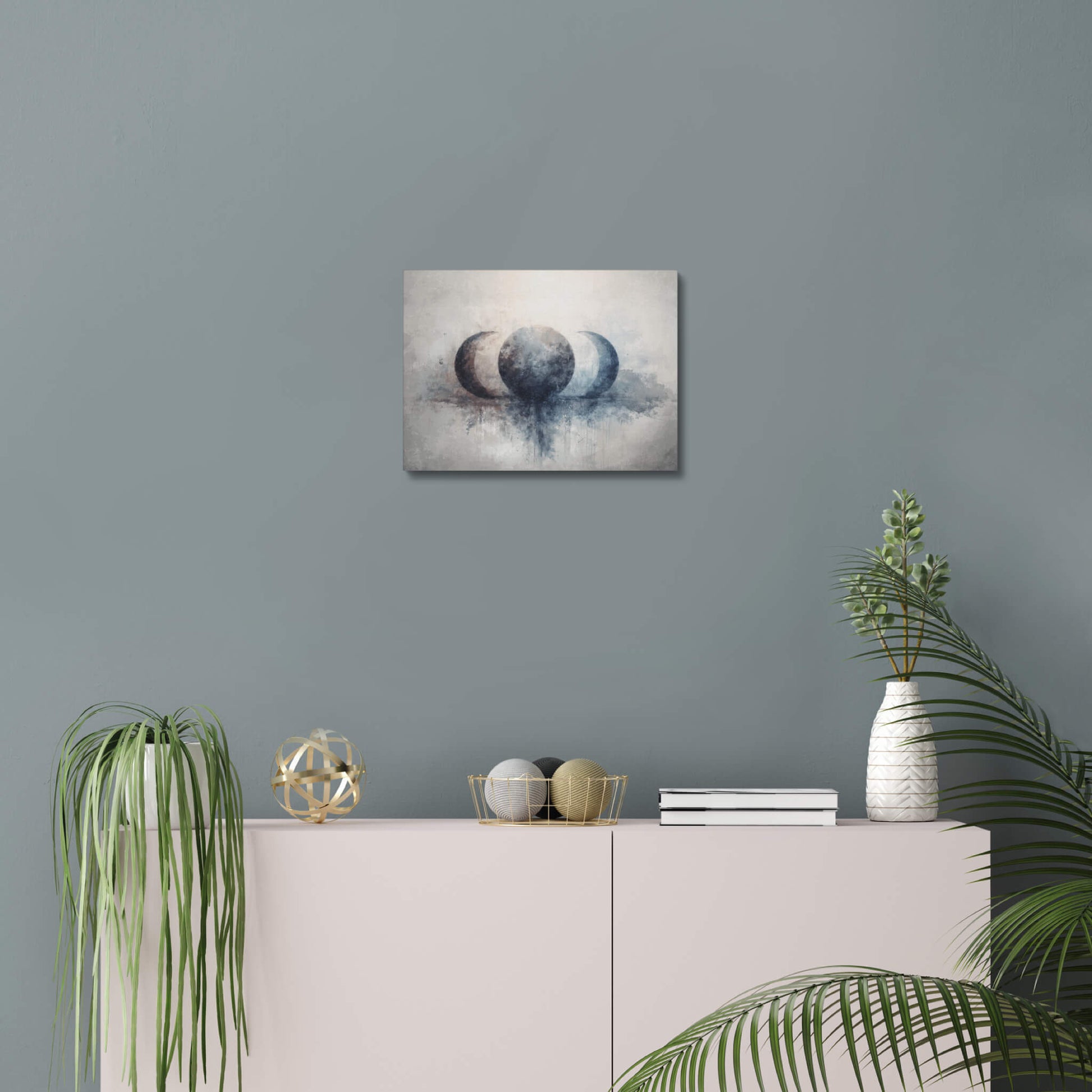 Lunar Balance - Modern Minimalist Acrylic Wall Art - 14 x 11 Inch - Blue Mock Up - Dyborn Designs