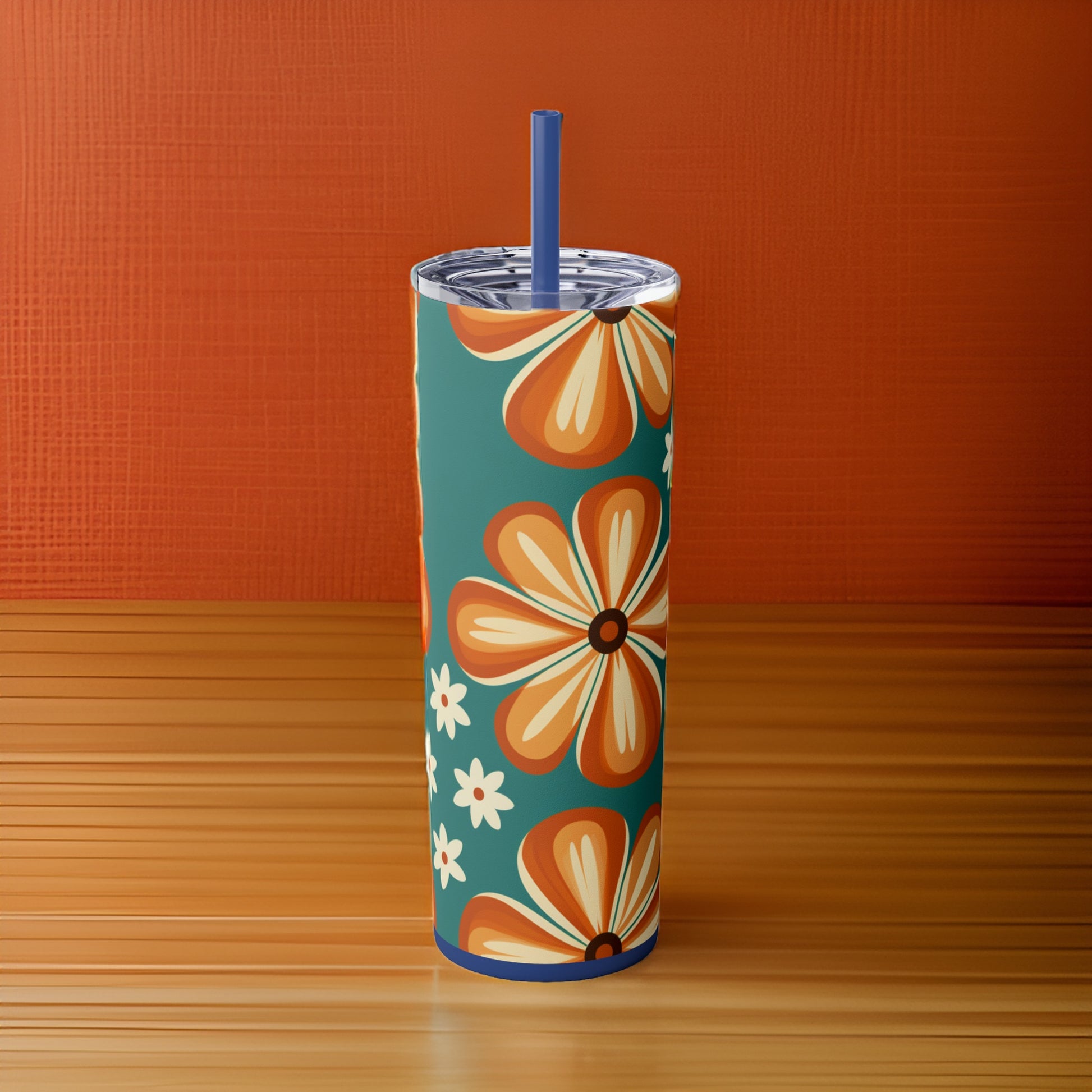 Orange Daisy 20oz Stainless Steel Skinny Tumbler with Lid & Straw Color Nautical Blue - Dyborn Designs