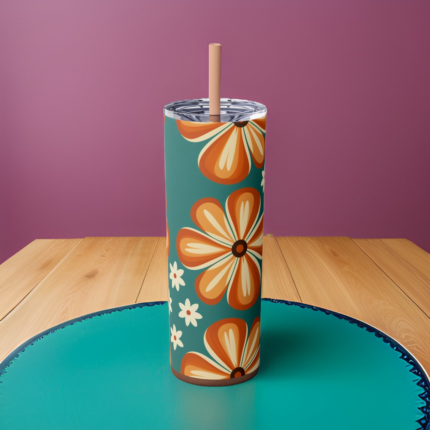 Orange Daisy 20oz Stainless Steel Skinny Tumbler with Lid & Straw Color Rosegold - Dyborn Designs