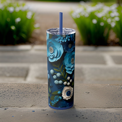 Paper Flowers 20oz Stainless Steel Skinny Tumbler with Lid & Straw Color Nautical Blue - Dyborn Designs