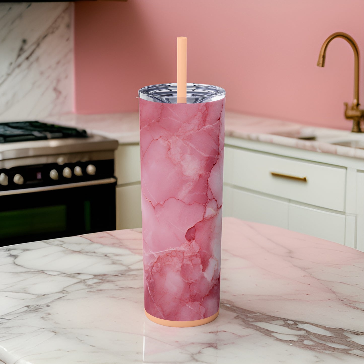Pink Marble 20oz Stainless Steel Skinny Tumbler with Lid & Straw Color Blush - Dyborn Designs